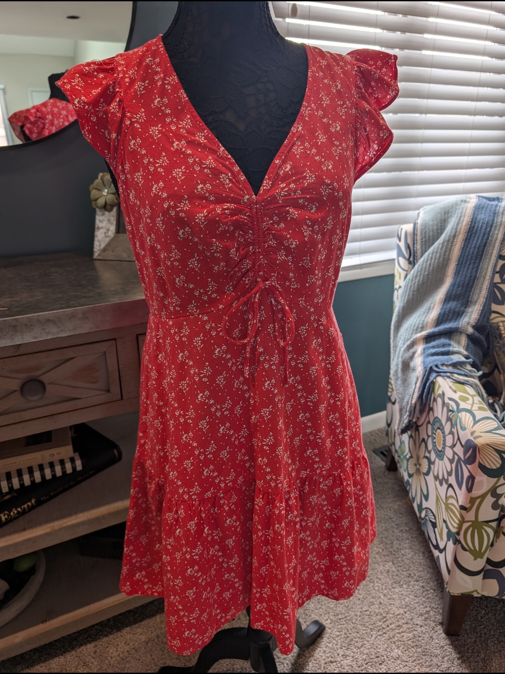 Linen Coral Colored Floral Tie-Front Women's Dress